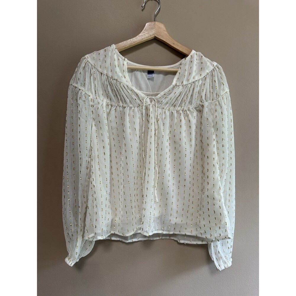Old Navy Women’s Small White & Gold Sparkly Boho Chiffon Blouse Top Holiday